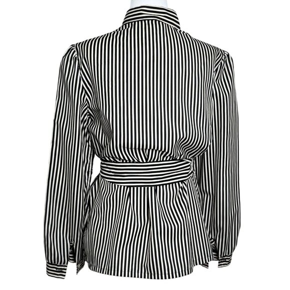 NWOT Oak Hill Womens Blouse Sz M/L Black White Striped Button-Up Belted Waist - Picture 3 of 6